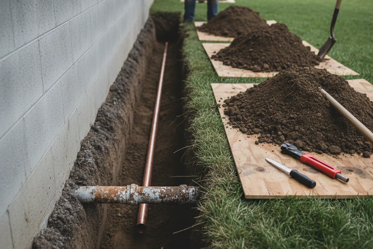 Excavated water line trench during Water Softener Installation in Iron Station